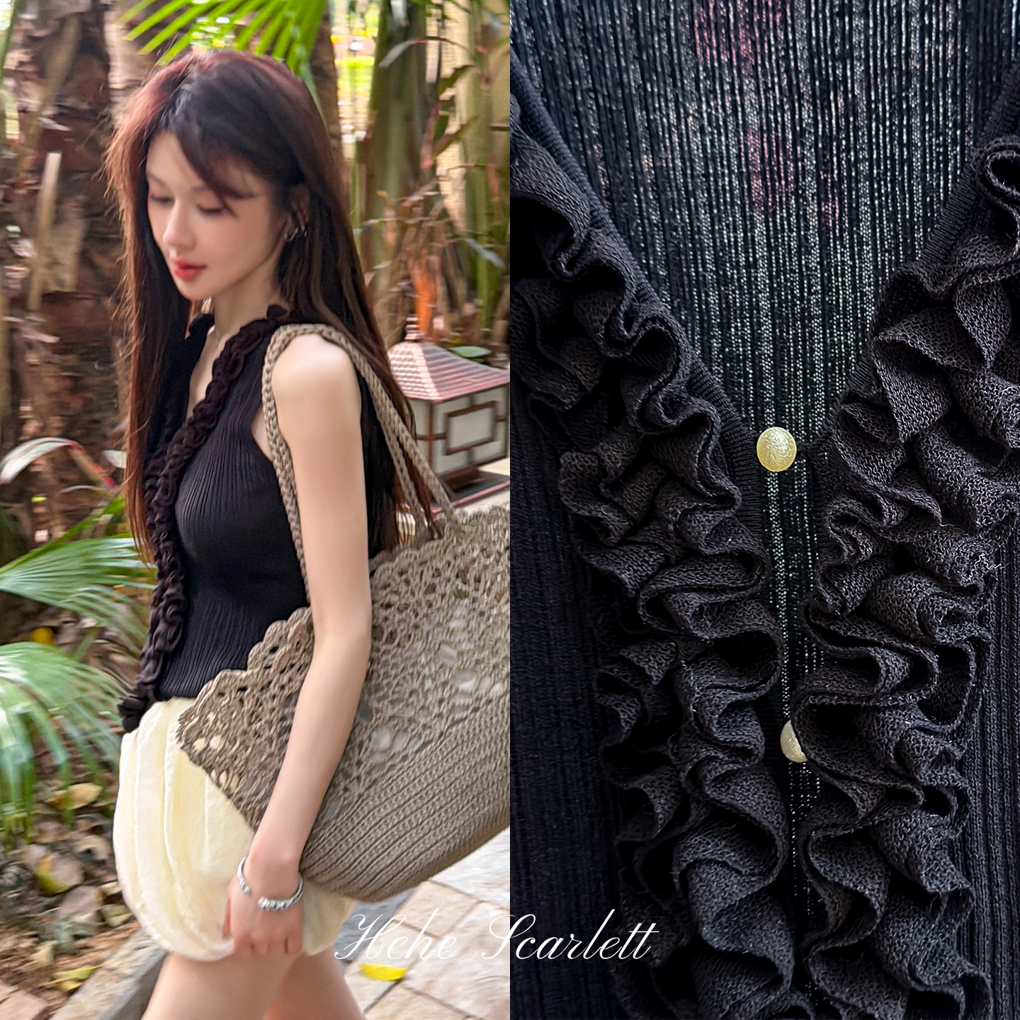 你的呵呵scarlett｜法式木耳边V领针织背心 温柔氛围感无袖上衣