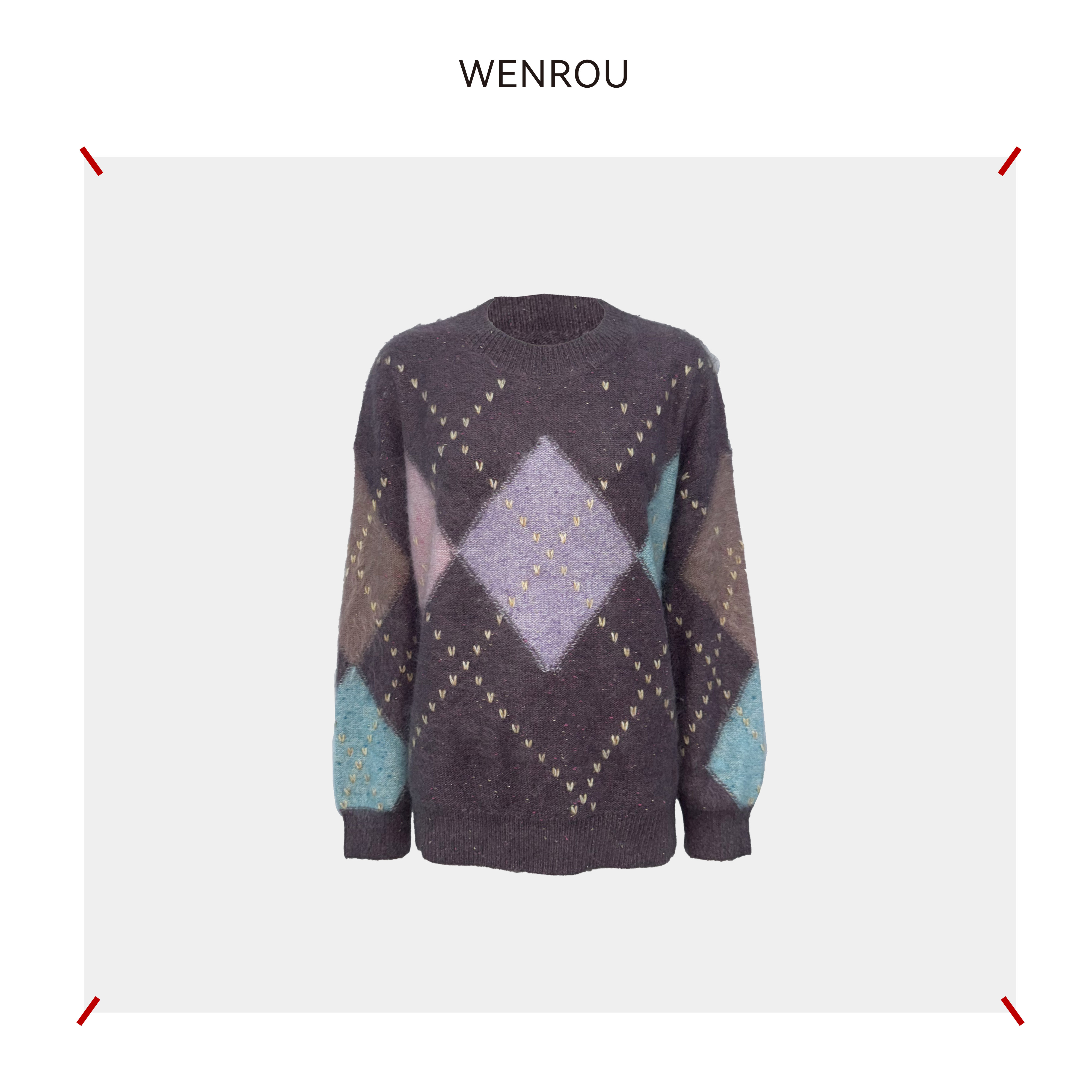 温柔自知  灰玫粉色 圆领 菱形格子  套头衫羊绒衫L701