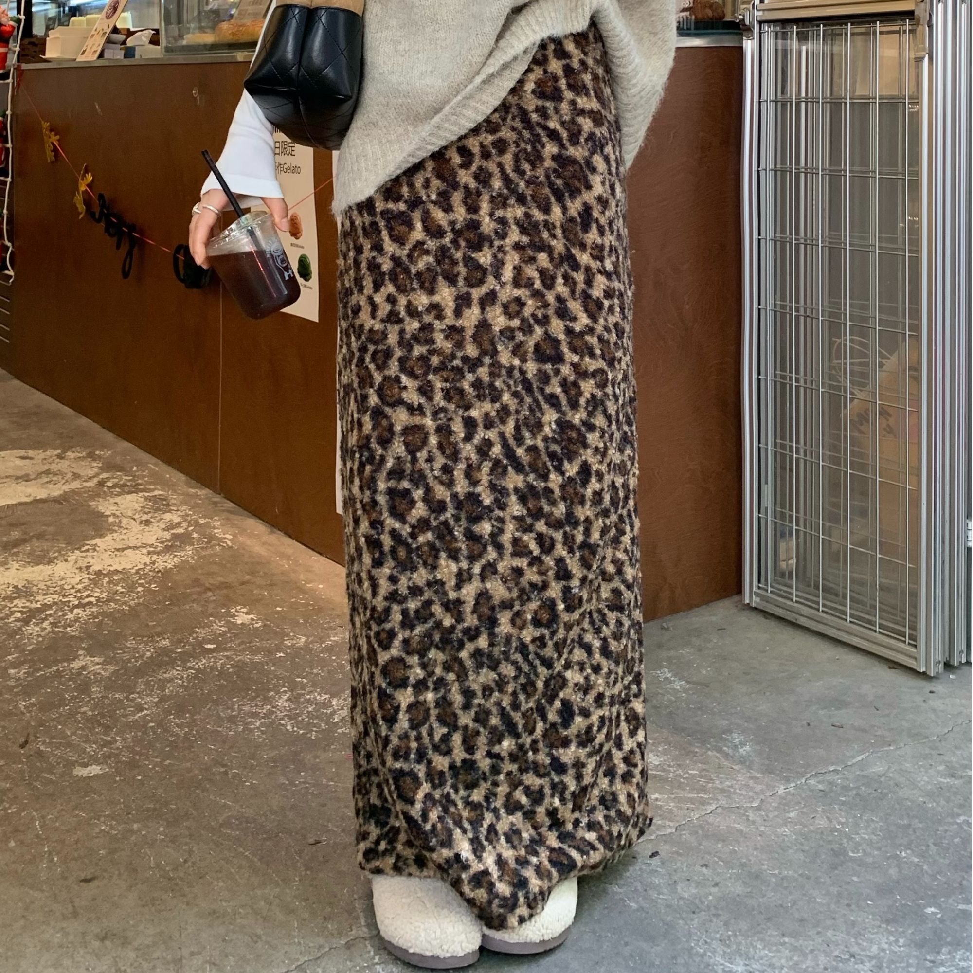 复古仿羊羔毛豹纹碎花开叉半身裙女秋冬高腰显瘦百搭直筒裙长裙