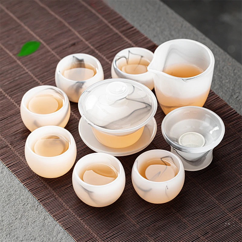 琉璃冰种玉瓷水墨茶具套装简约创意家用办公室盖碗茶杯带过滤整套