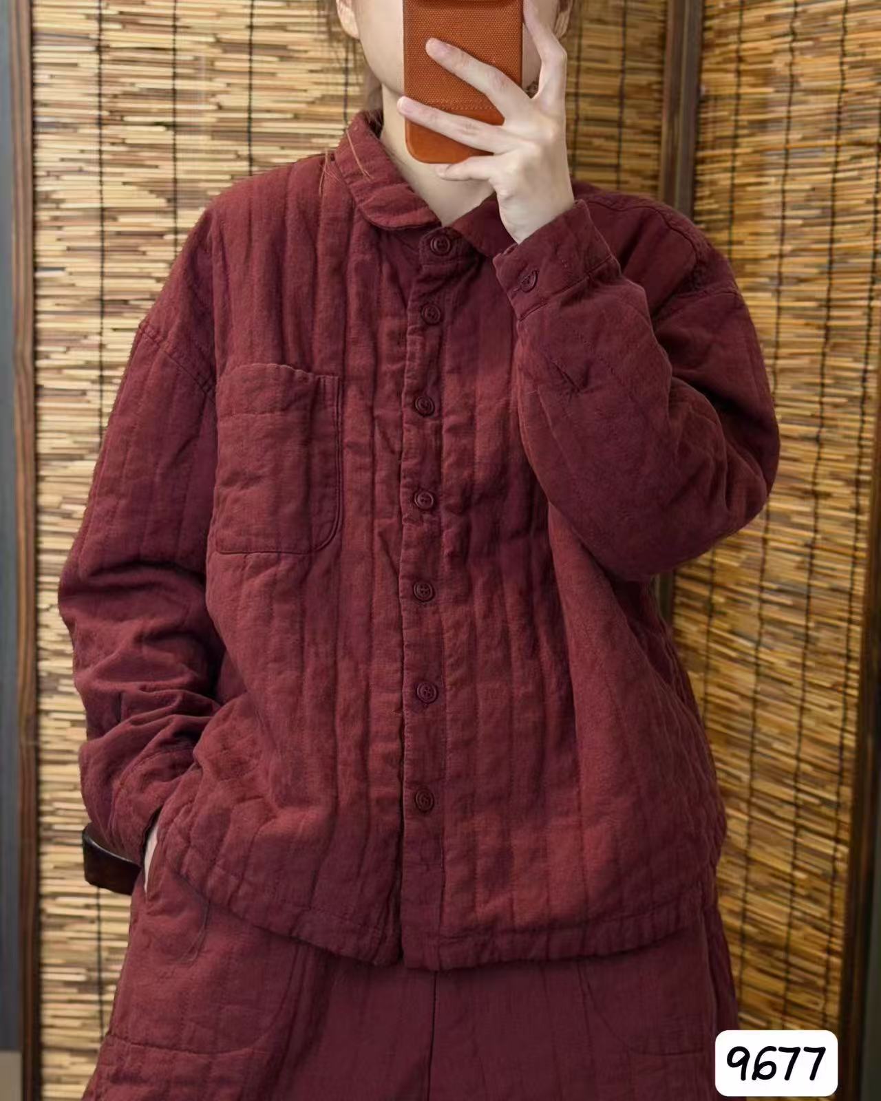 9677酵洗汉麻竖压线衬衫式 棉衣减龄时尚