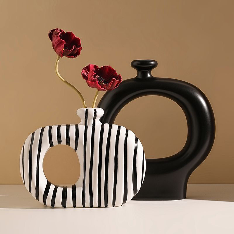 创意中古风黑白条纹异形花瓶摆件客厅插花器电视柜玄关装饰品高档