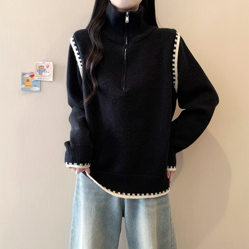 【冰姐】2025秋冬新款大码加厚拼接半拉链针织上衣