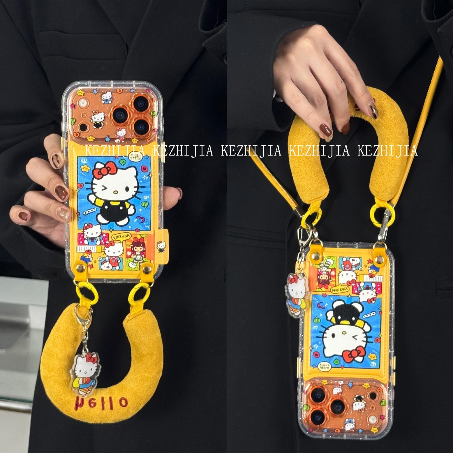 【壳之】KT女孩蓝框黄底小花镜圈适用苹果17/16/15/14Promax手机壳