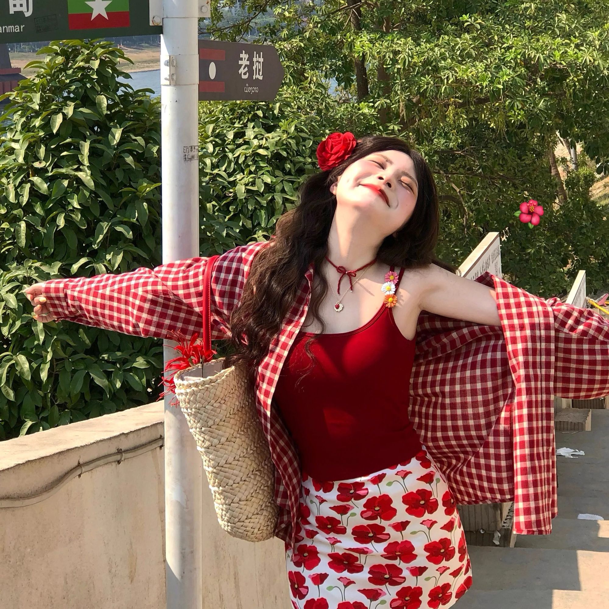 韩版复古红色格子衬衫Polo领外套春夏减龄刺绣夏季宽松显瘦衬衣