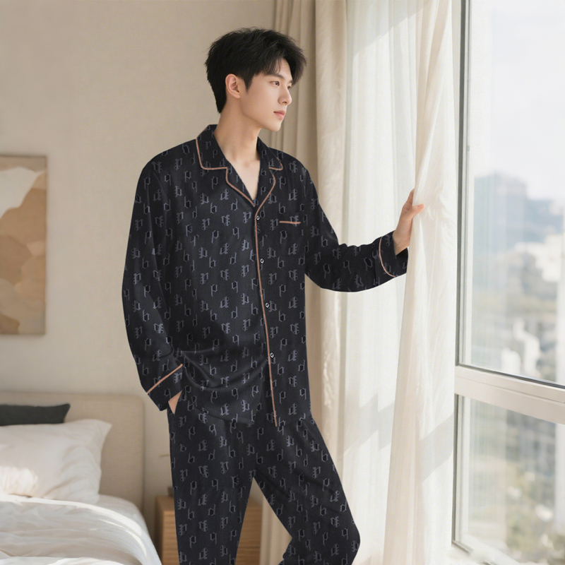 长袖透气皮筋翻领睡衣家居服套装宽松男款大码套装加大