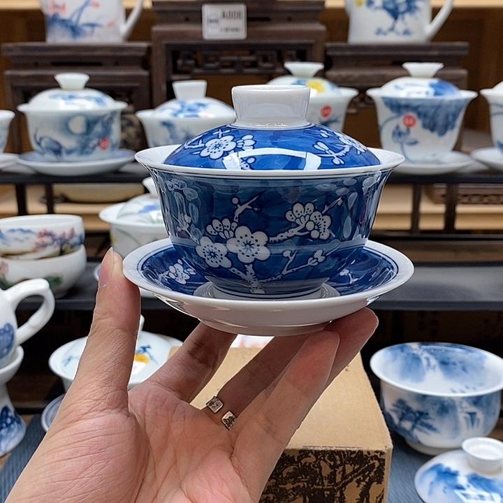 手绘冰梅盖碗120cc釉下彩微瑕福利款