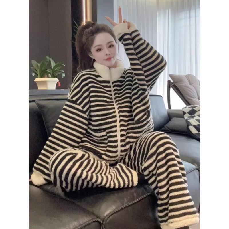 (H)冬季新款韩版简约条纹立领双面绒睡衣女加绒加厚毛绒家居服