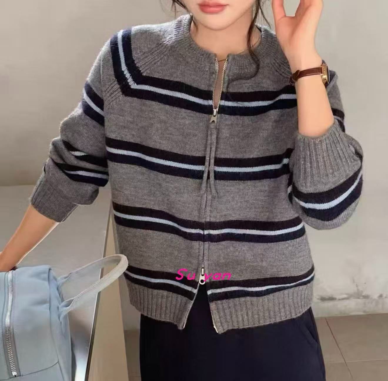 韩系条纹双拉链圆领针织开衫秋冬宽松慵懒风长袖毛衣外套女2702