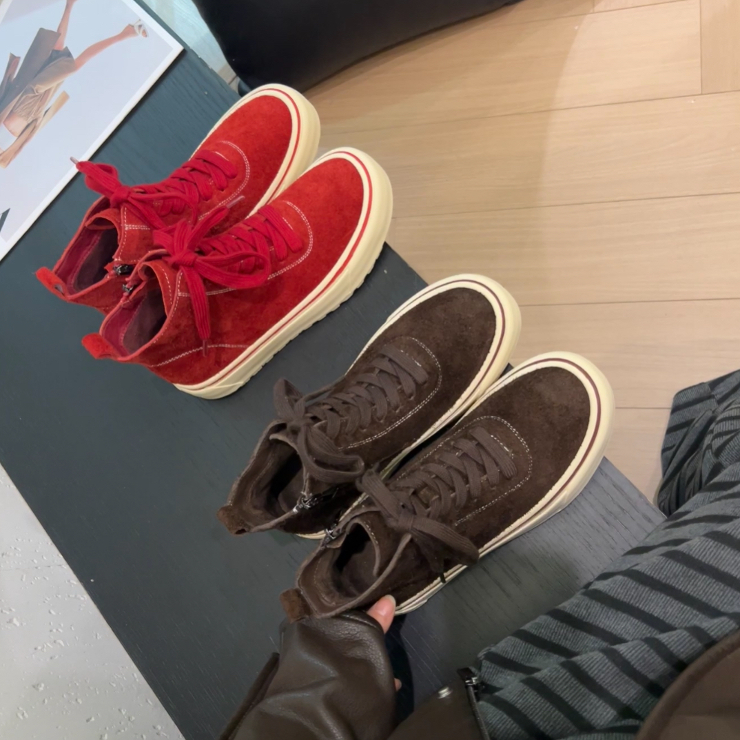 秋季厚底增高牛皮高帮板鞋女防滑护踝保暖休闲风圆头德训鞋