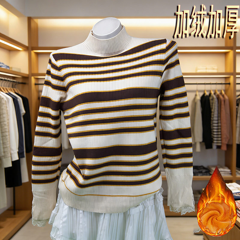 5501加绒加厚款如图衫花纹针织毛衣半高领条纹新款一体绒秋针织衫