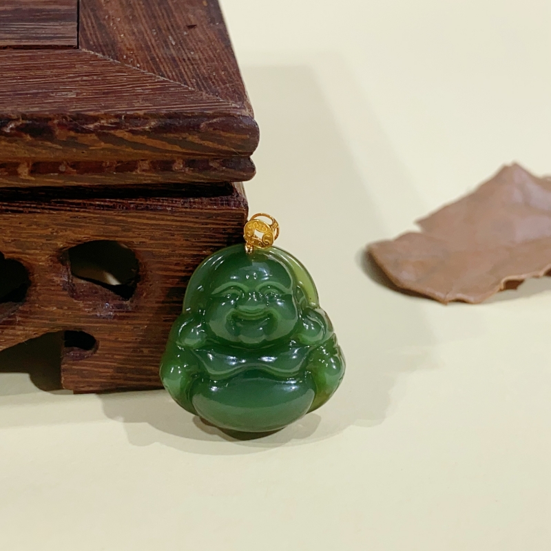 和田玉弥勒佛佛公玉吊坠女笑佛镶嵌玉佩玉佛18k金镶玉项链送妈妈