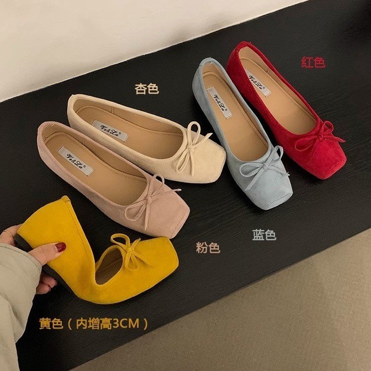 粉色内增高单鞋女鞋百搭软底2025秋冬新款加绒浅口鞋蝴蝶结豆豆鞋