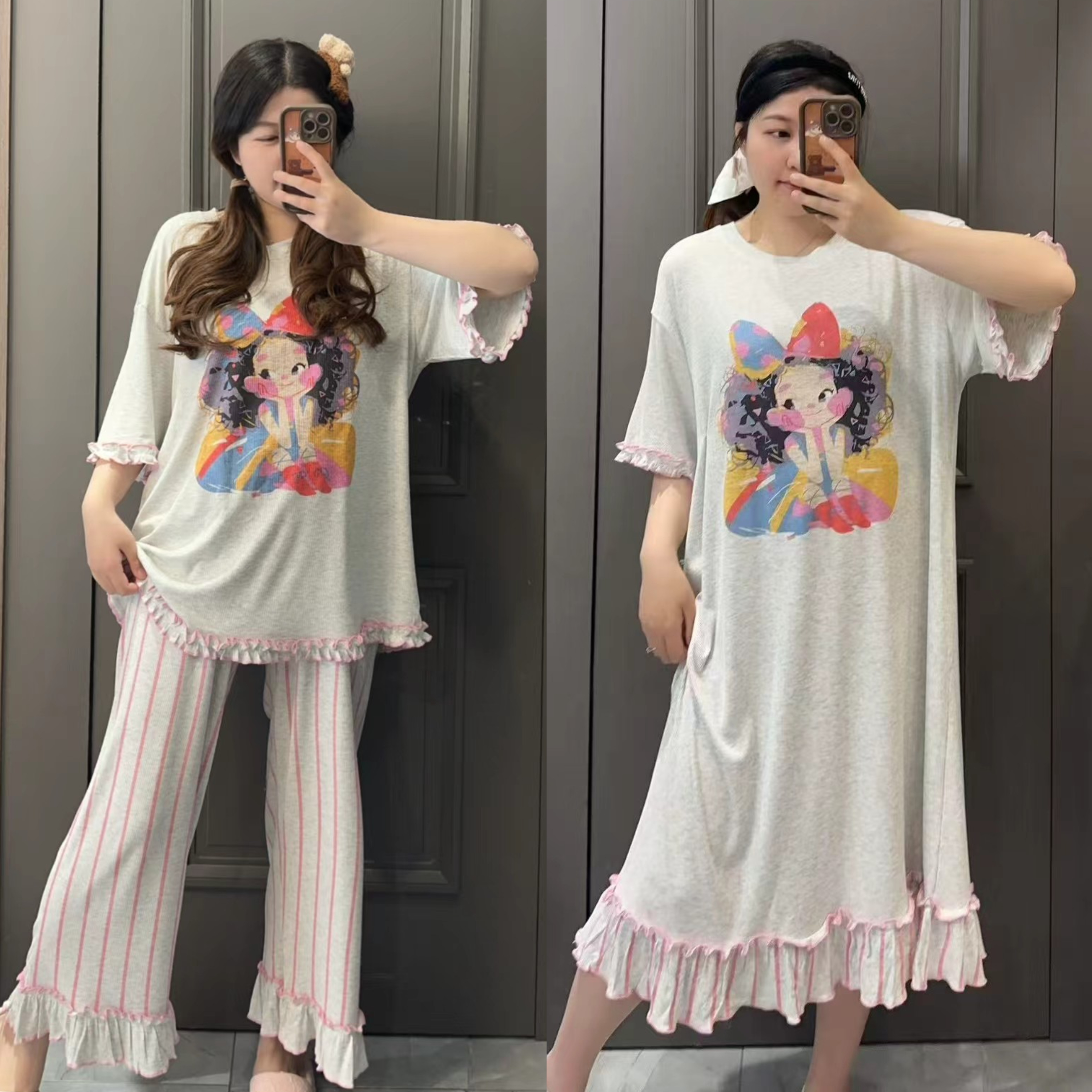 （短袖款）韩版卡通蝴蝶结女孩莫代尔棉木耳花边大码睡衣家居服套装