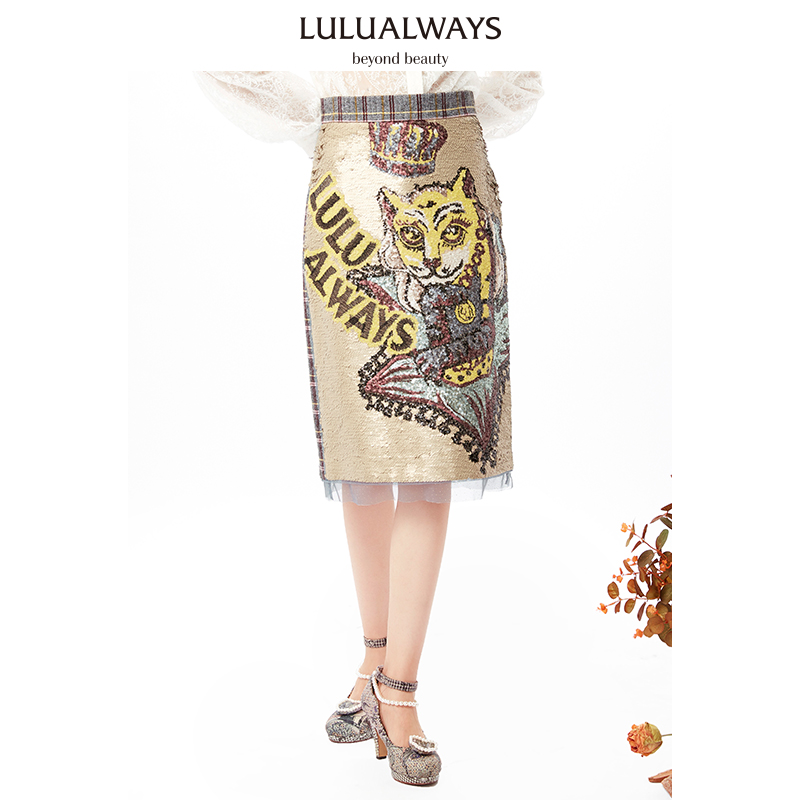 LULUALWAYS复古拼接格子珠片中长款半身裙鱼鳞包臀裙