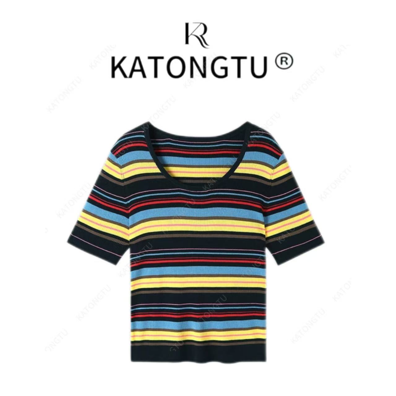 KATONGTU 【彩绘条纹】25新款立体撞色条纹百搭T恤 DM2504089