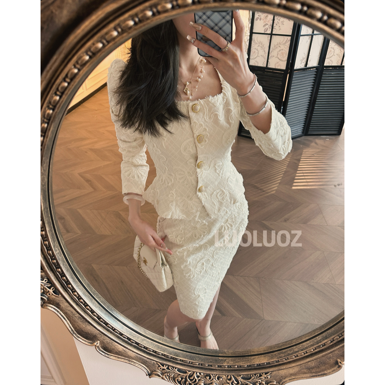 【现货】LUOLUOZ【游园街灯】气质轻奢上衣＋时尚半身长裙两件套JF958