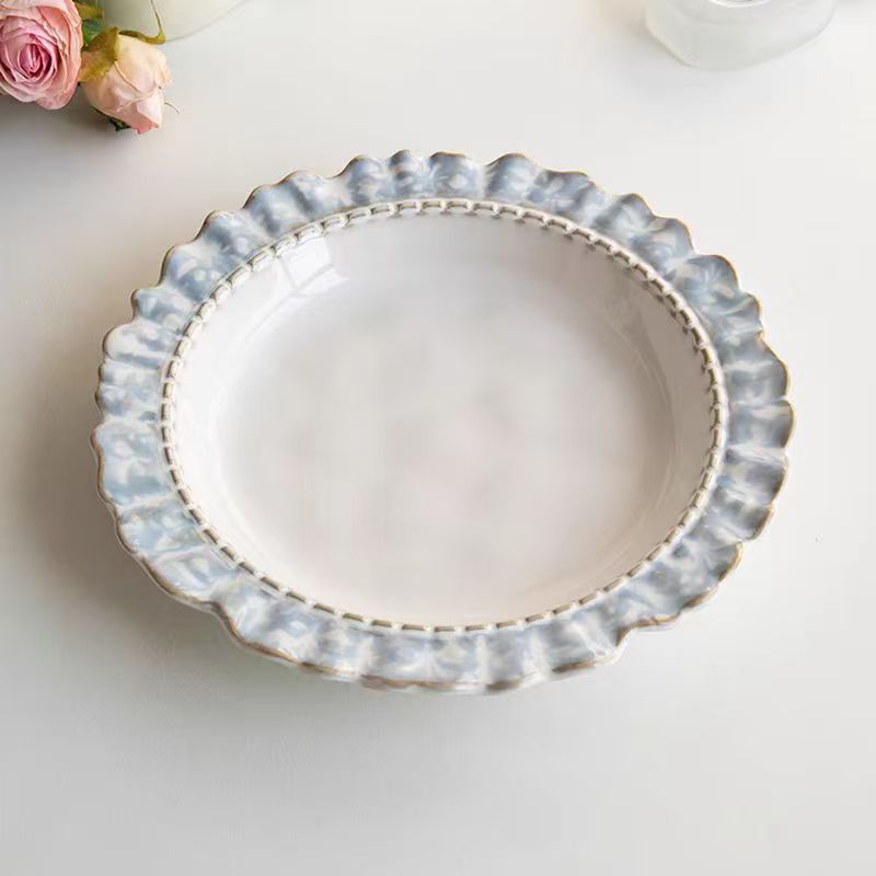 微瑕复古手绘手工陶瓷精致烟兰系列盘子8.5寸深盘两个一组