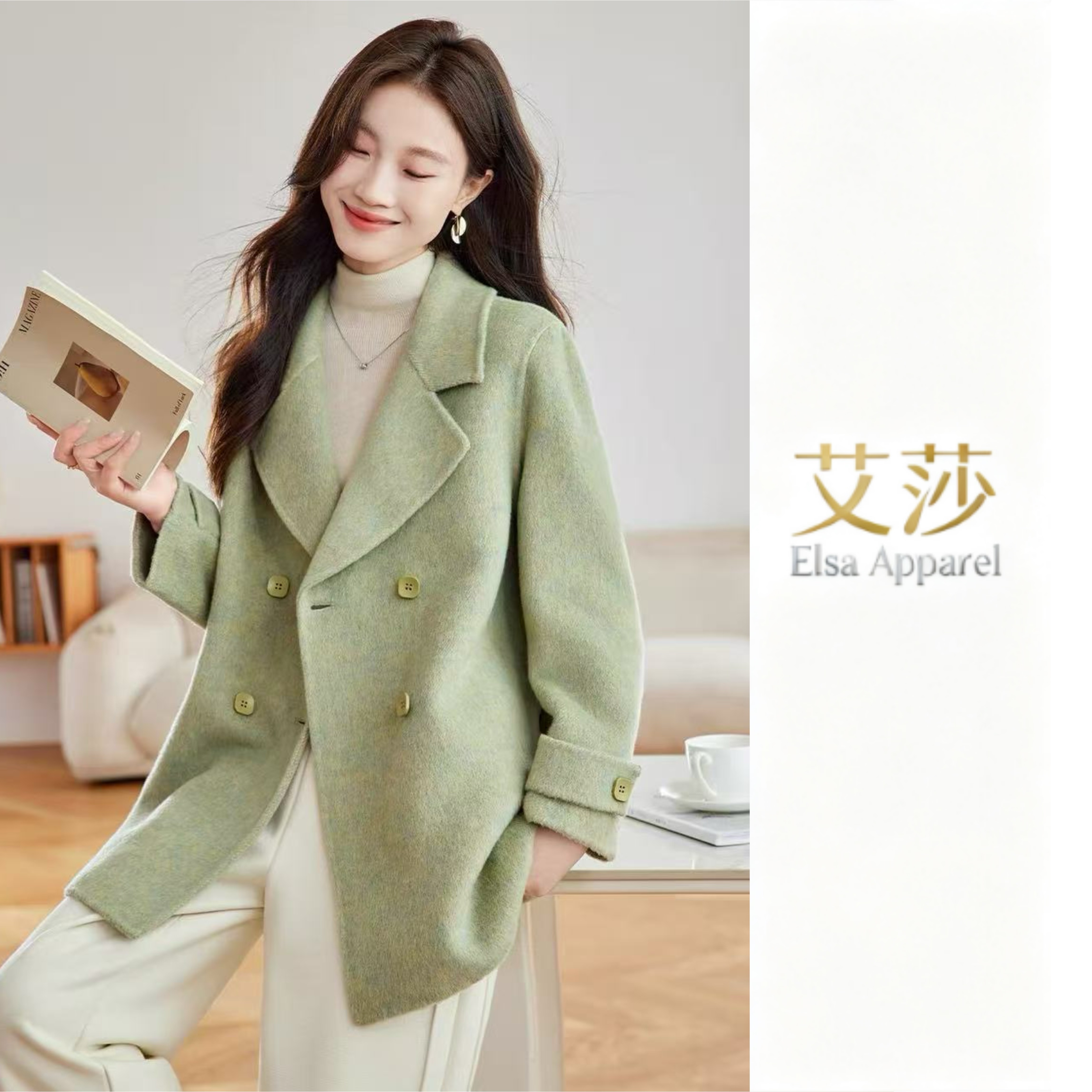 SR秋冬新款西装风双面大衣中长款宽松简约显瘦25097