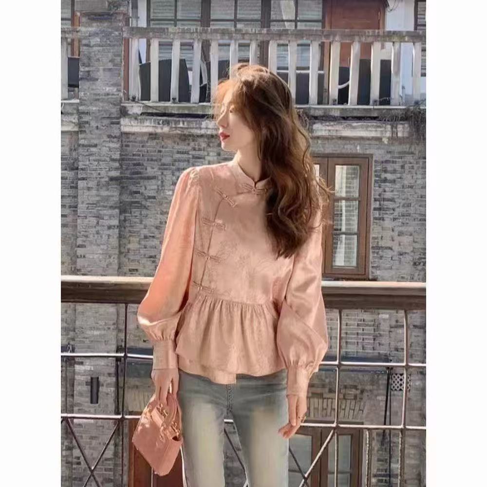 衬衫薄款法式拼接新中式气质长袖秋季上衣成人印花Y0082