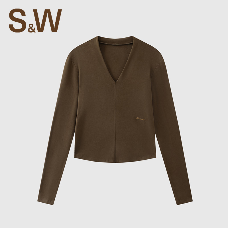 SW速惟女款长袖休闲T恤V领时尚舒适百搭简约修身设计师气质4597