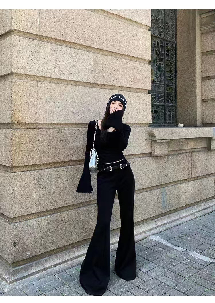 8001新款微喇弹力长裤配腰带