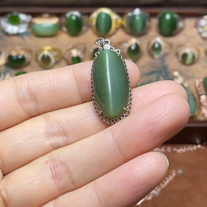 和田玉（碧玉）银S925镶嵌吊坠(赠链)