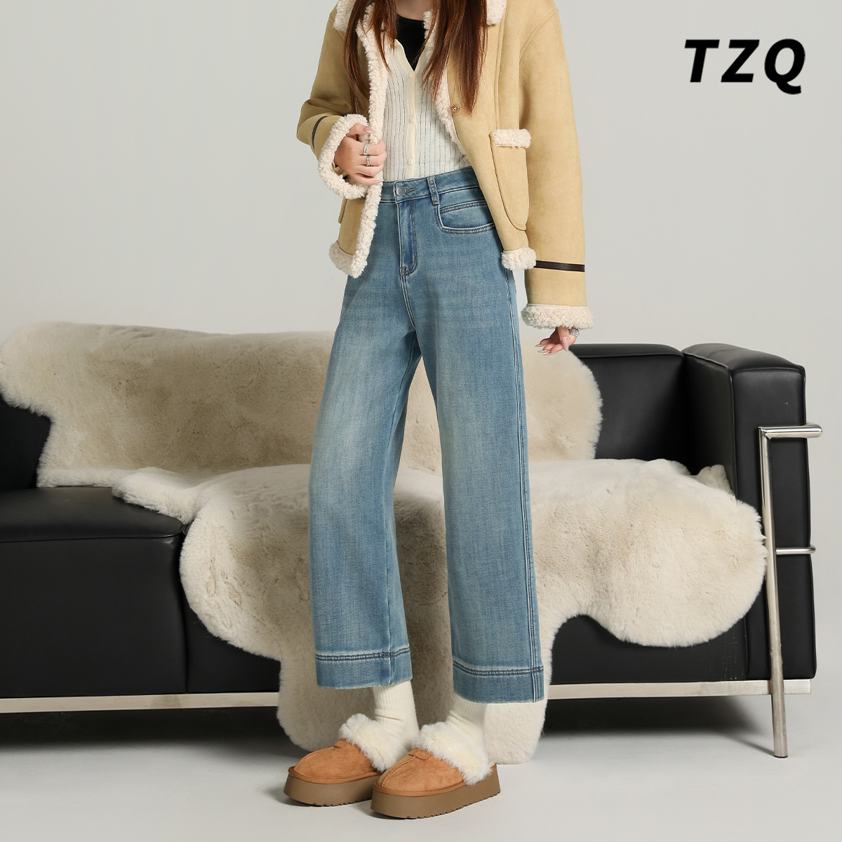 9303【金拐子专属】小个子加绒直筒牛仔裤女2025秋冬高腰窄版九分裤