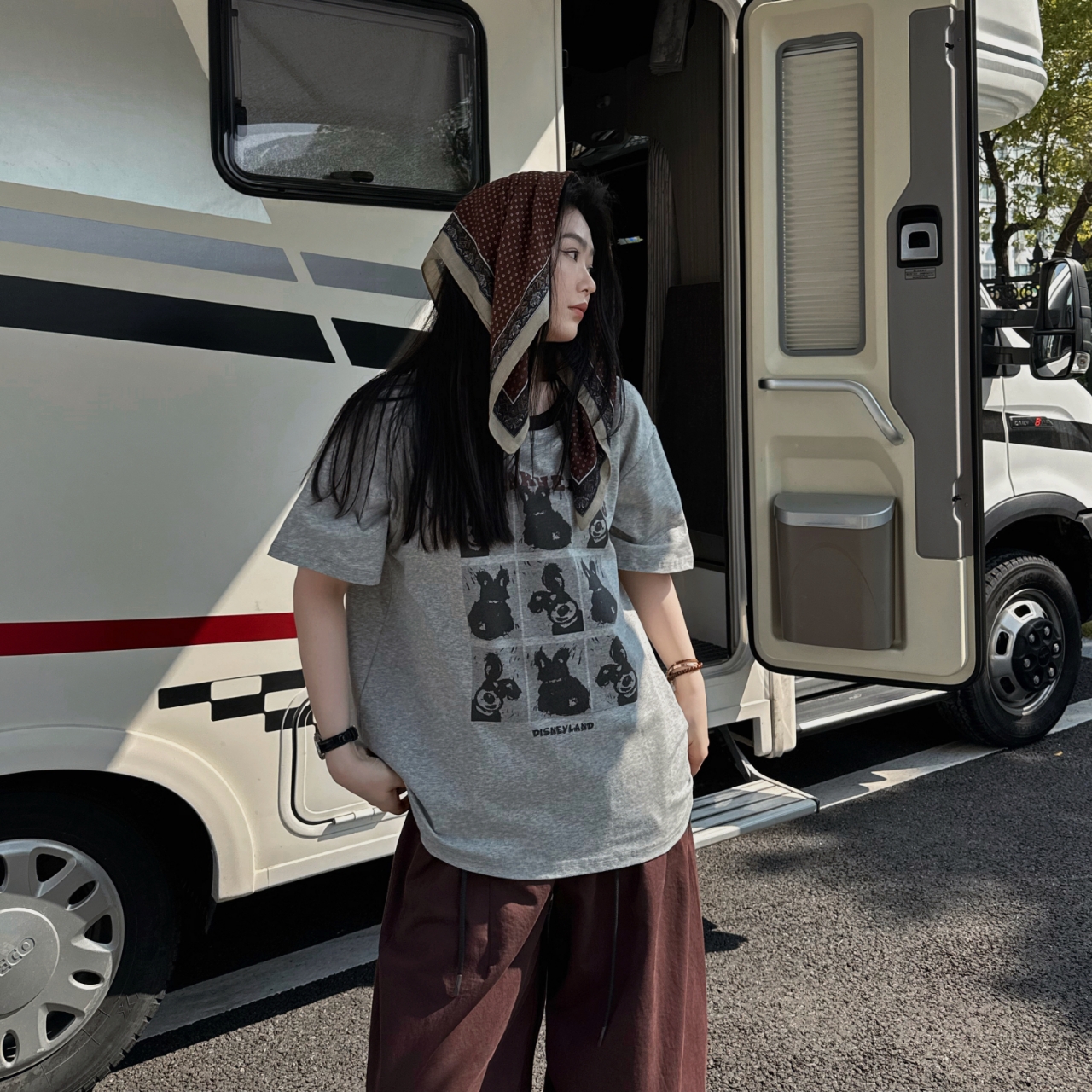 今婷韩系休闲2025宽松慵懒百搭时尚印花灰色圆领短袖-M25206393