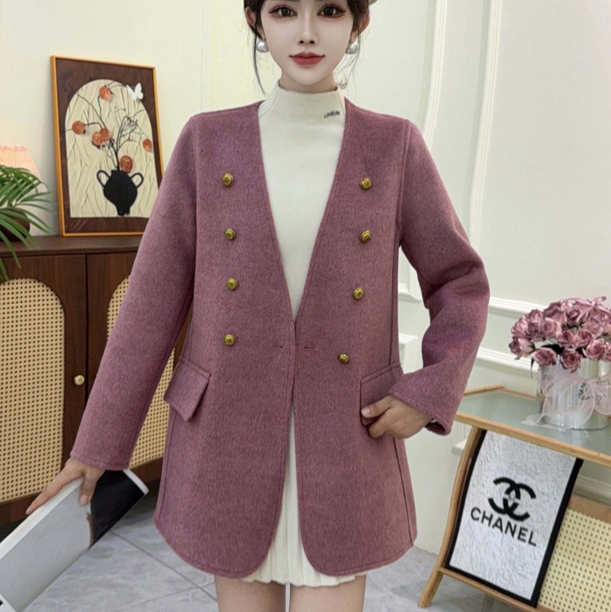 2530款绵羊毛大衣秋冬外套V领女中长款羊毛大衣毛呢上衣毛呢外套