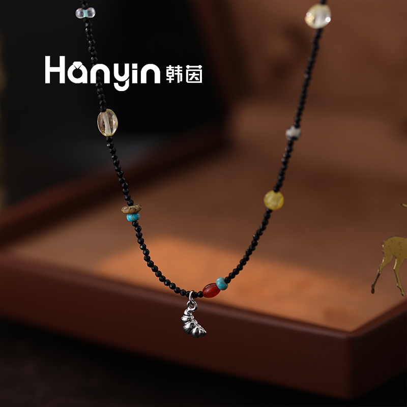 原创设计异形生长纹水晶虎眼石算盘珠尖晶石牛角包项链
