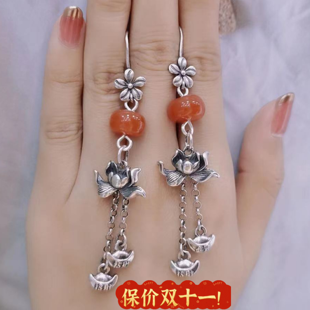 S925银手工银国风古风天然南红玛瑙耳环耳饰女款方圆脸天然纹理