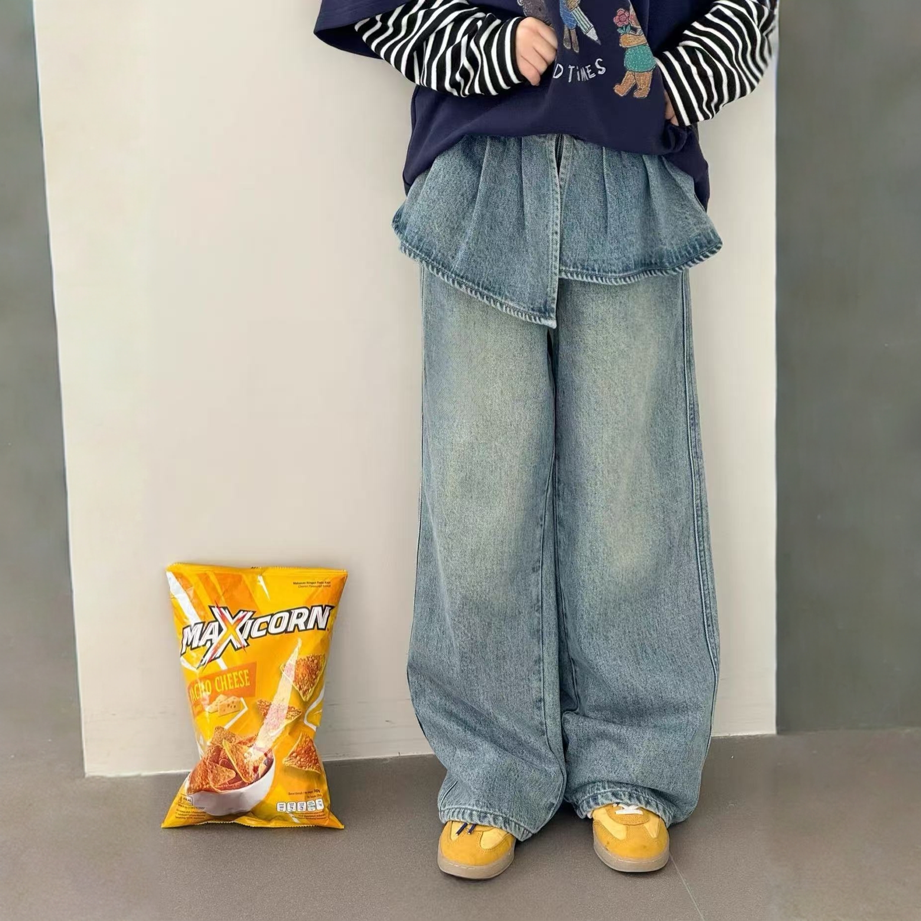 女童2025秋冬中大女童韩版休闲加厚屁帘抓绒直筒牛仔长裤253272