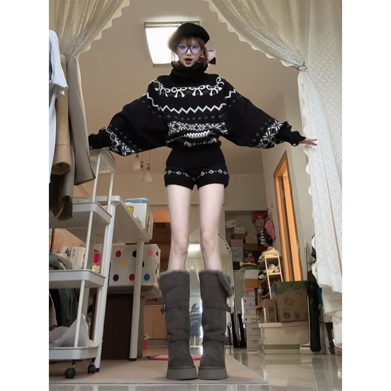 INS CEC秋冬新款美式复古费尔岛高领毛衣针织衫女高腰休闲裤套装