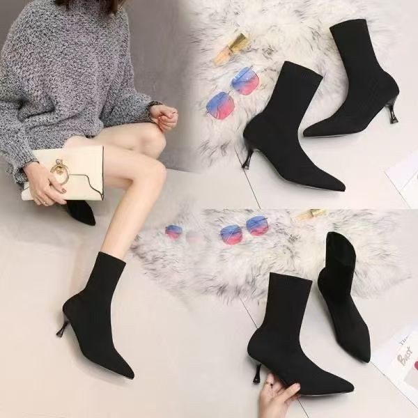 飞织弹力瘦瘦靴高跟尖头套筒袜子靴中筒网红中跟黑色秋冬