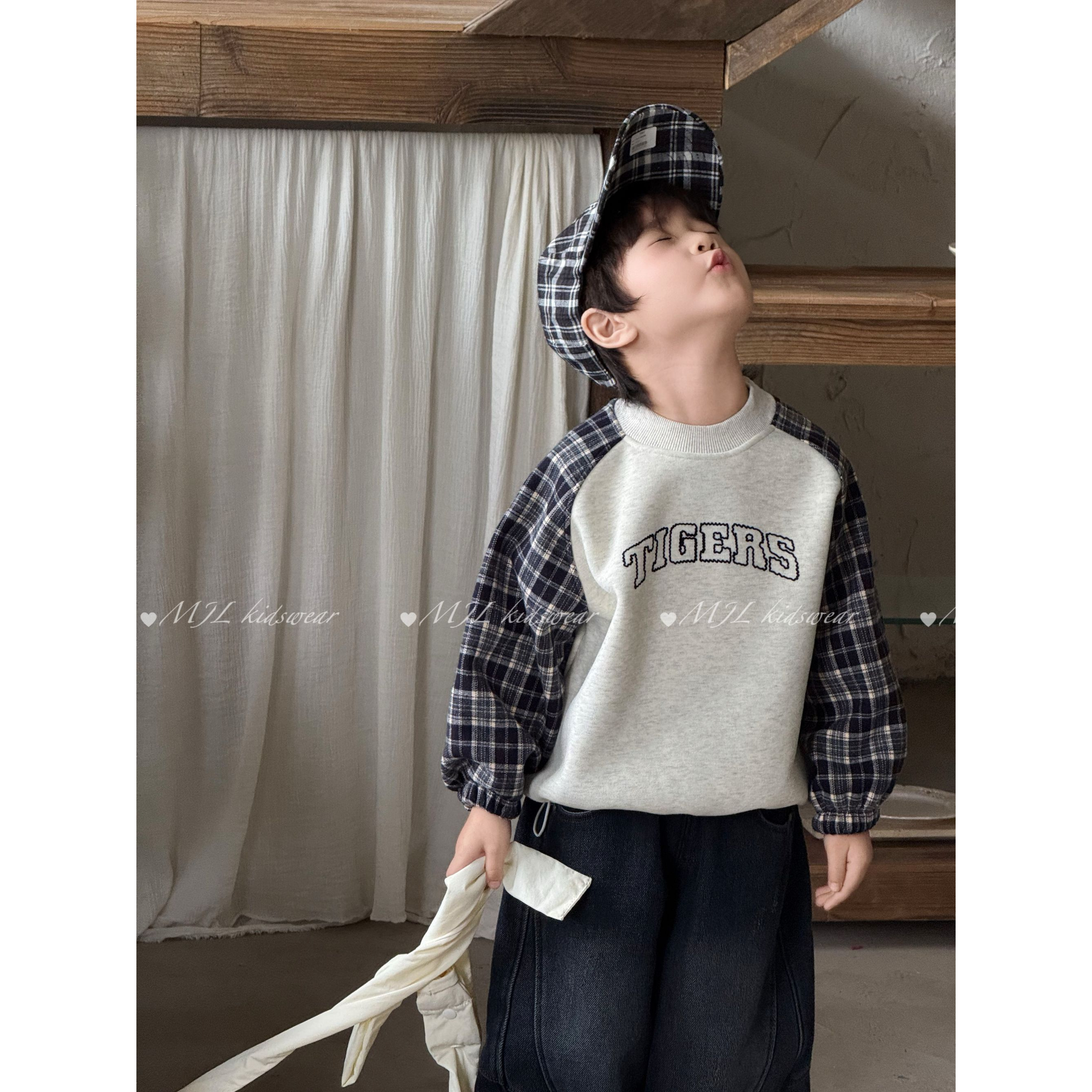 MJL丨冬款【加绒100棉】韩版拼格子加绒儿童卫衣MJ81