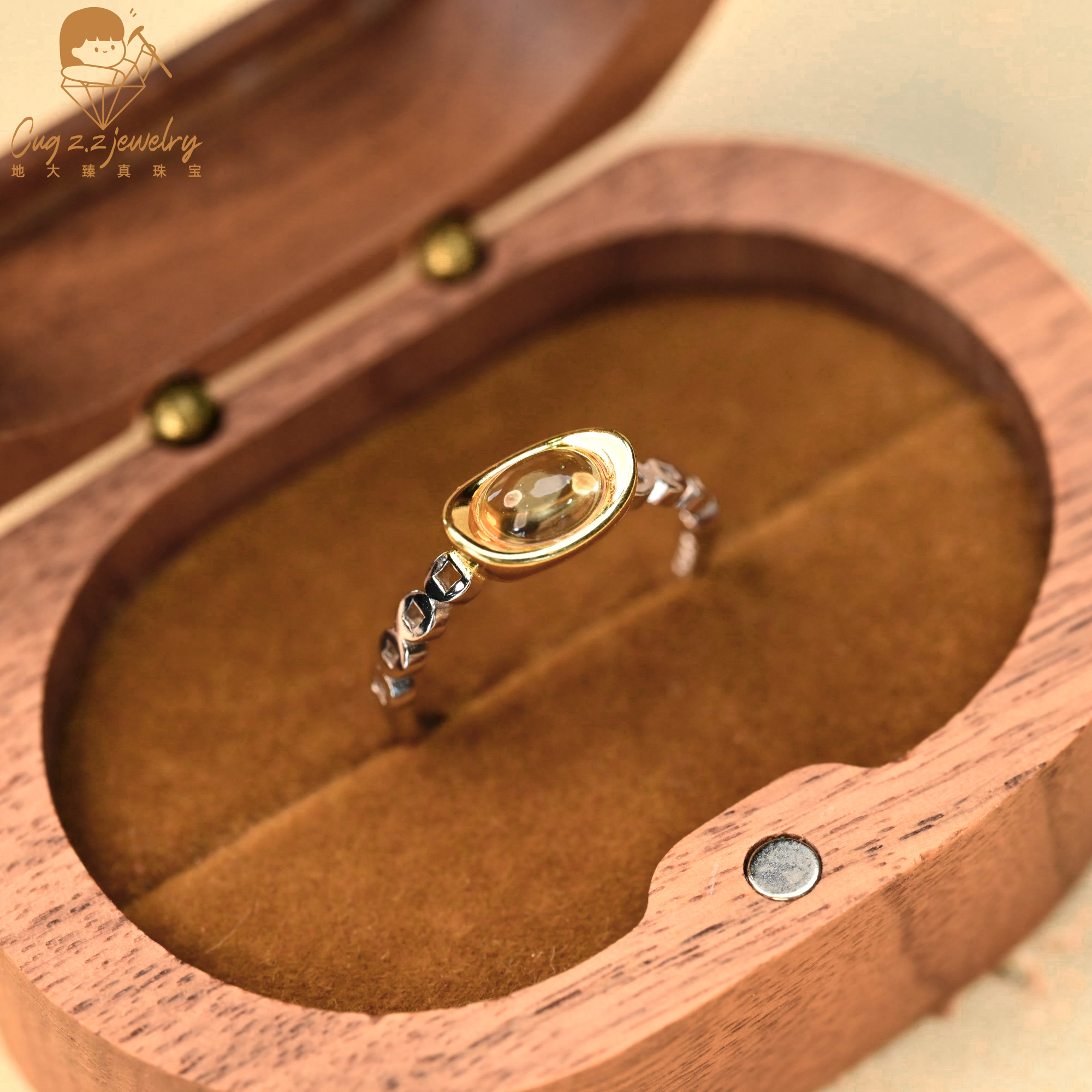 天然黄水晶元宝戒指天然水晶925银戒指