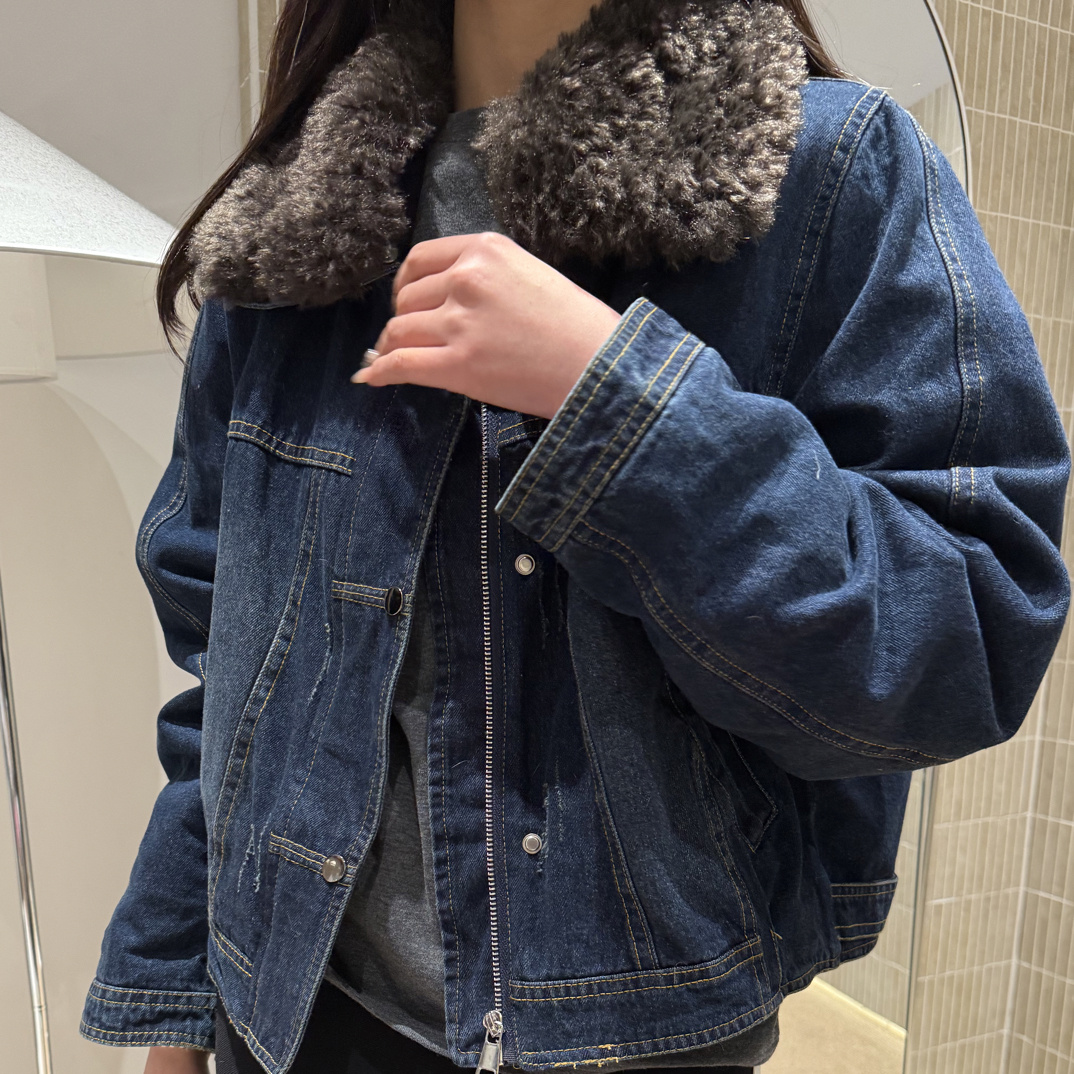 冬季短款水洗毛领百搭拉链长袖牛仔外套