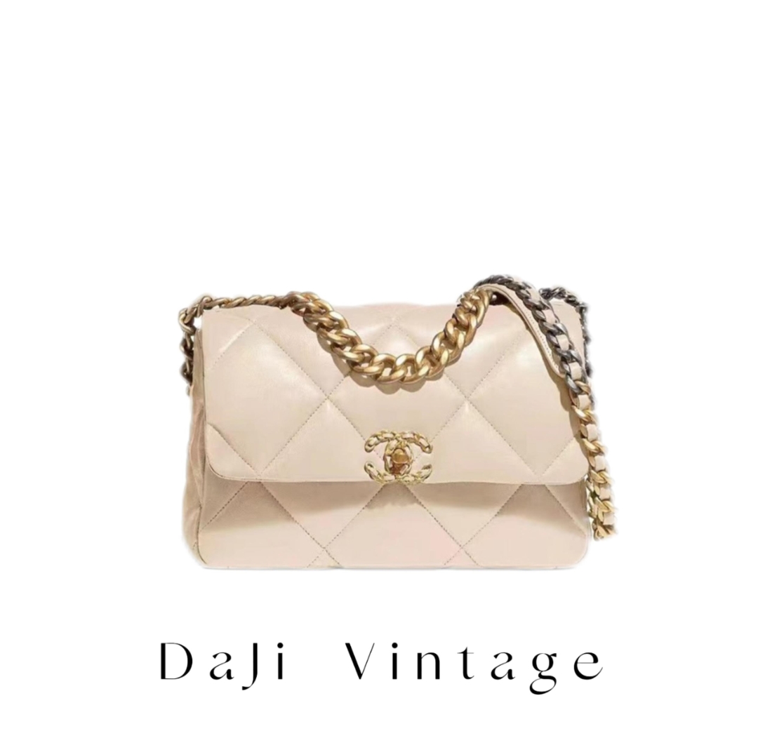 99新 Chanel/香奈儿 大吉中古sh/香奈儿19bag中号米色奶茶色斜挎