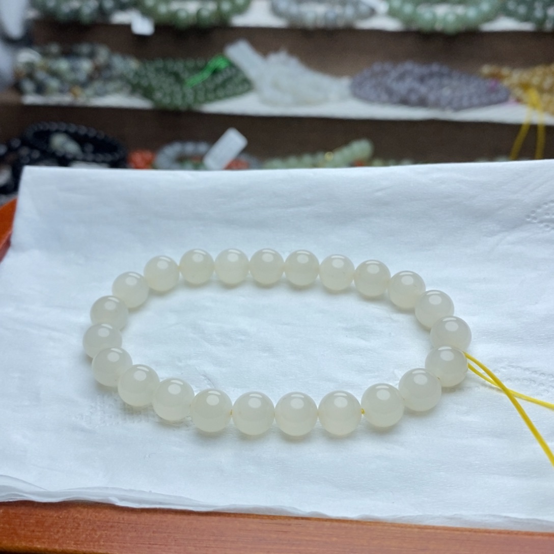 和田玉手链未镶嵌8mm高冰蜂蜜水圆珠