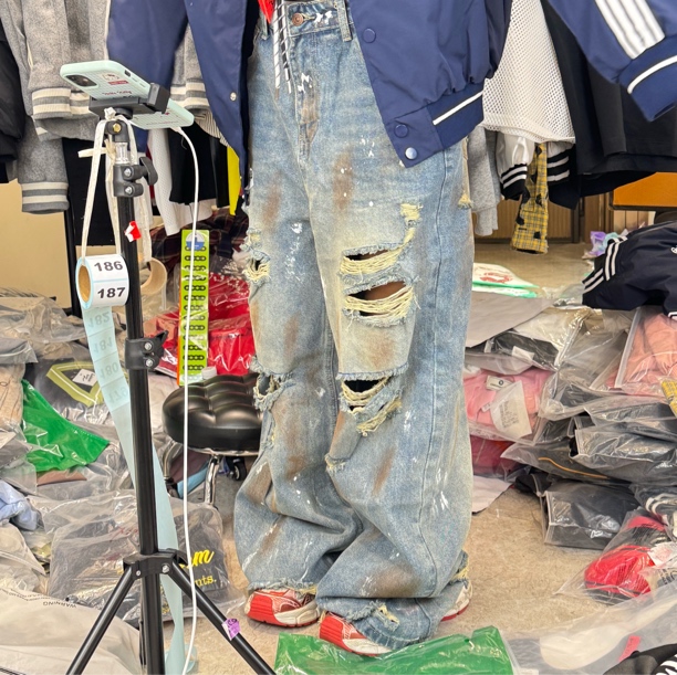 牛牛-大码美式潮牌脏染破洞复古做旧阔腿牛仔裤拖地裤