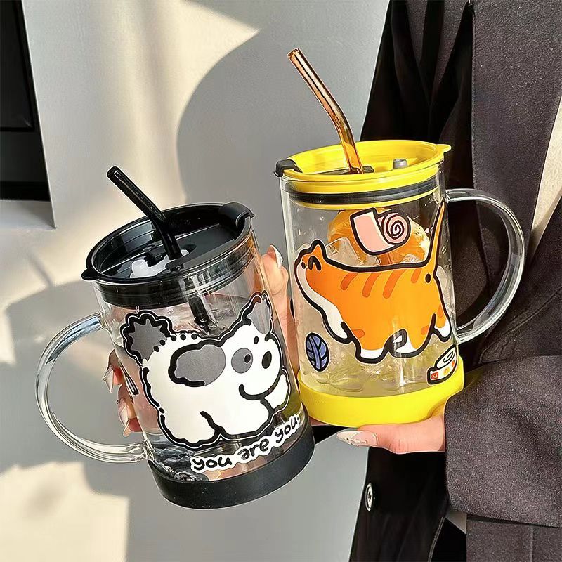 玻璃杯ins高颜值情侣学生大容量喝水杯办公室女咖啡杯卡通吸管杯
