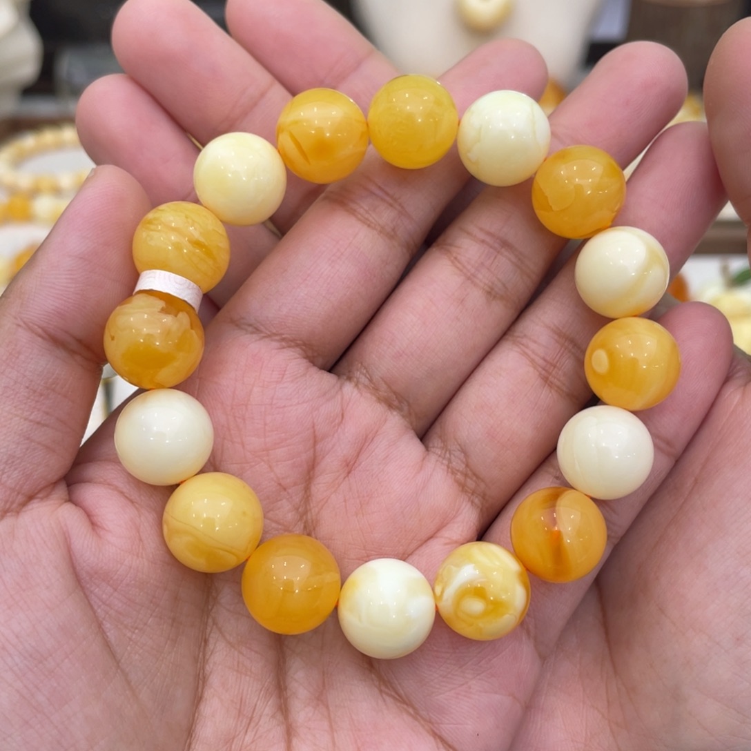 琥珀未镶嵌手链13mm 焦皮白花润亮型圆珠多宝蜜蜡手串