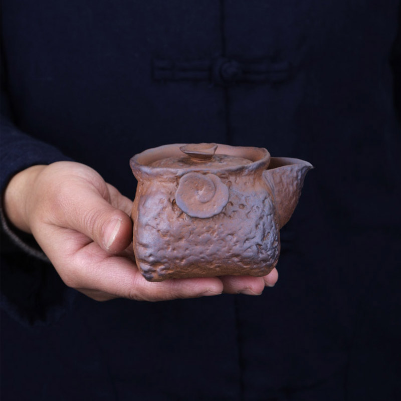 粗陶老岩泥四方手抓宝瓶壶中式侘寂风复古家用旅行茶具便携泡茶壶