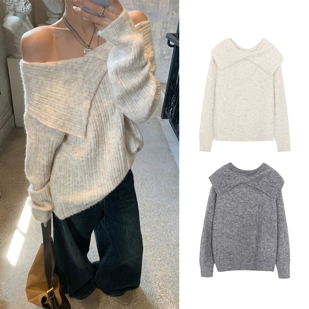 2467#韩系慵懒风不规则设计感翻领宽松针织衫套头露肩显瘦上衣