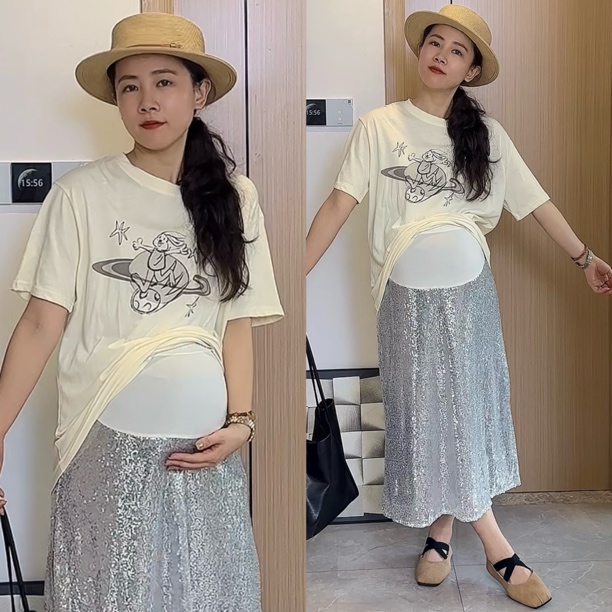 梨型身材穿的孕妇套装夏季网红休闲短袖T恤搭配亮片半身裙两件套