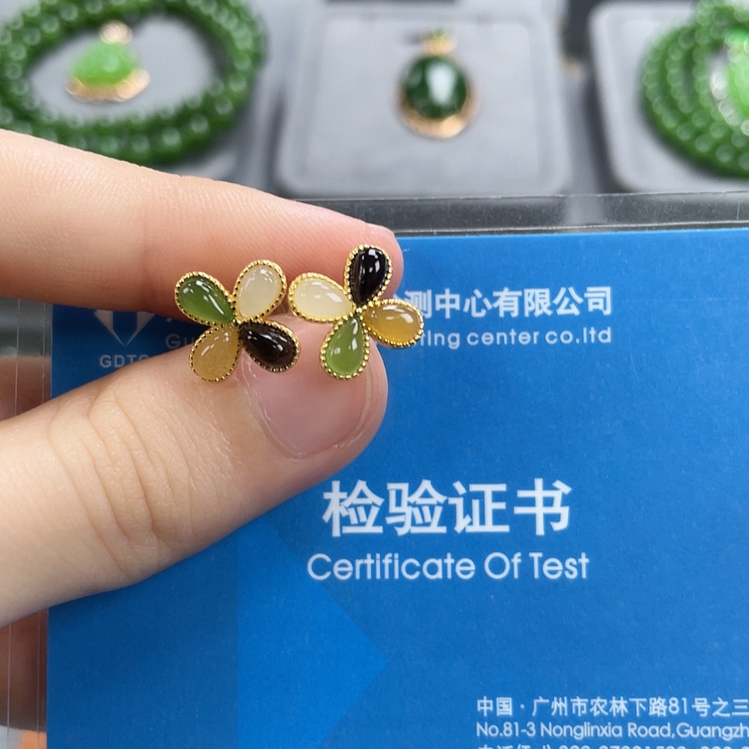 和田玉银S925镀金镶嵌耳饰