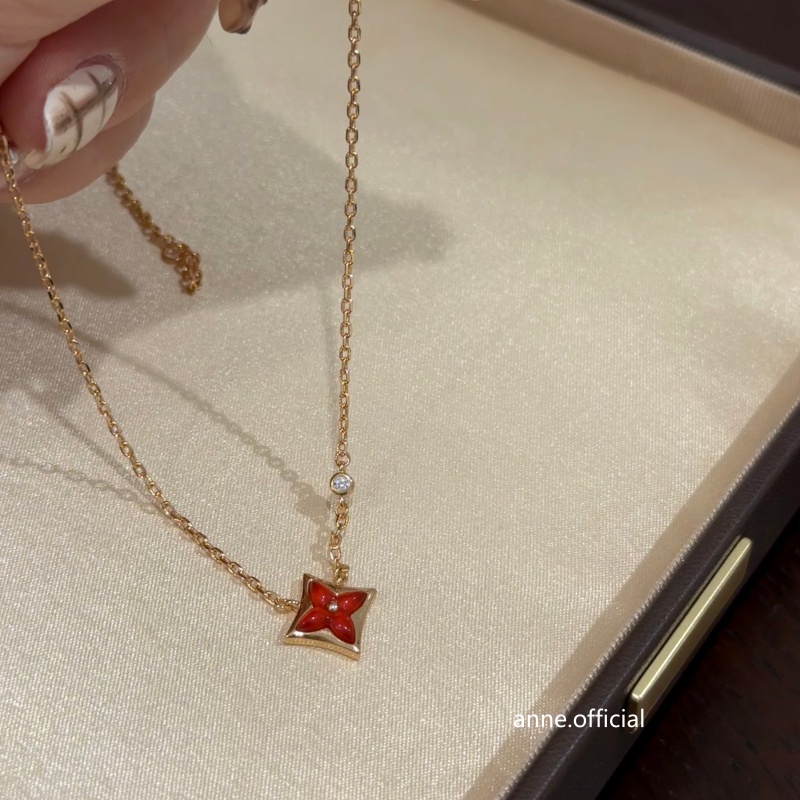 铜合金吊坠 红色雕刻菱形四叶草简约吊坠项链【X748】