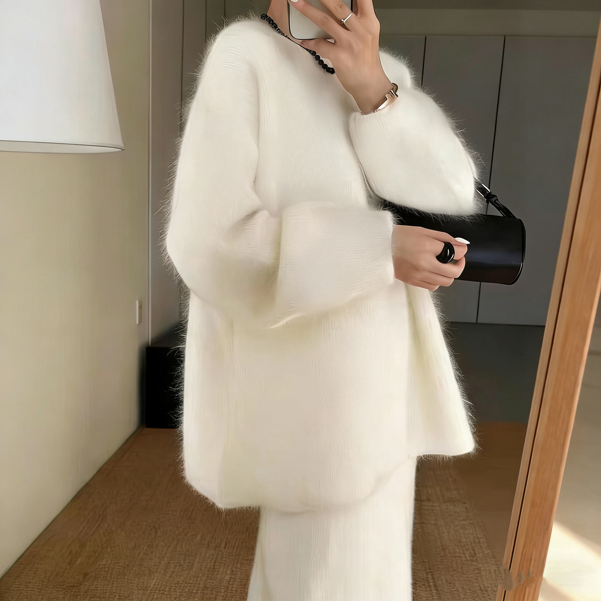 意绒式【怦然心动】羊毛羊绒拉毛软糯老钱风无缝长袖拉绒毛衣YF1026