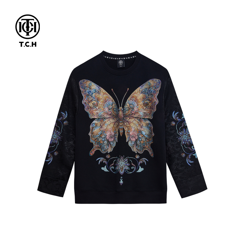 山东-TCH新中式烫钻蝴蝶拼接提花时尚圆领长袖T恤卫衣T72C116013